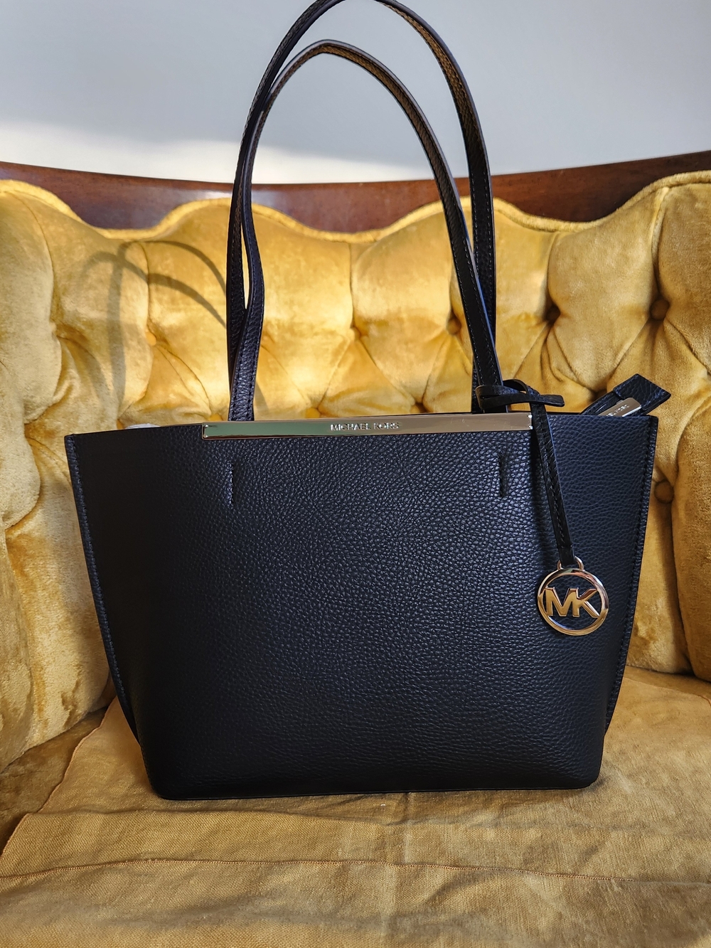 NEW. Michael Kors Black Leather Tote Bag with Gold Accent